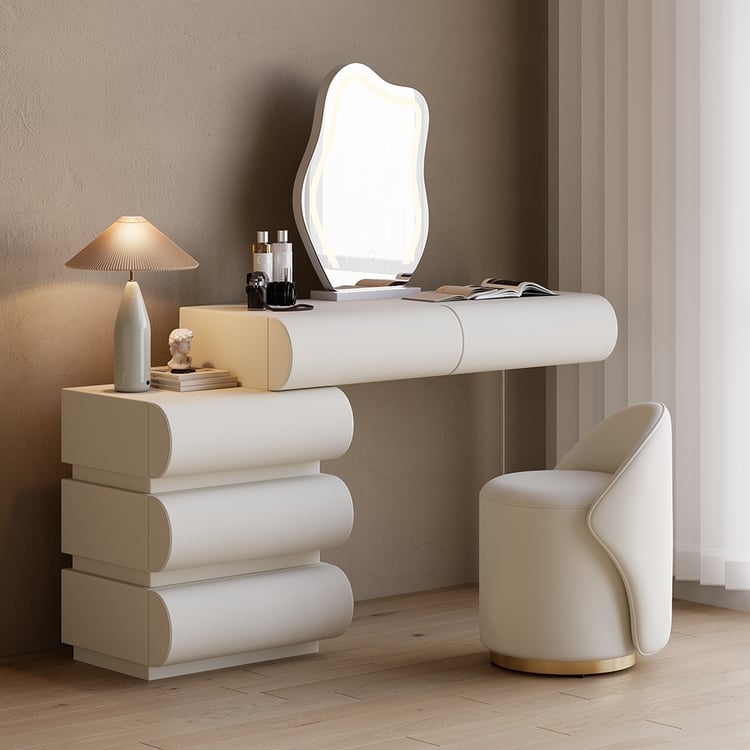 Vanity Set Organic Shaped Mirror, Cylindrical Drawers, Leather-like