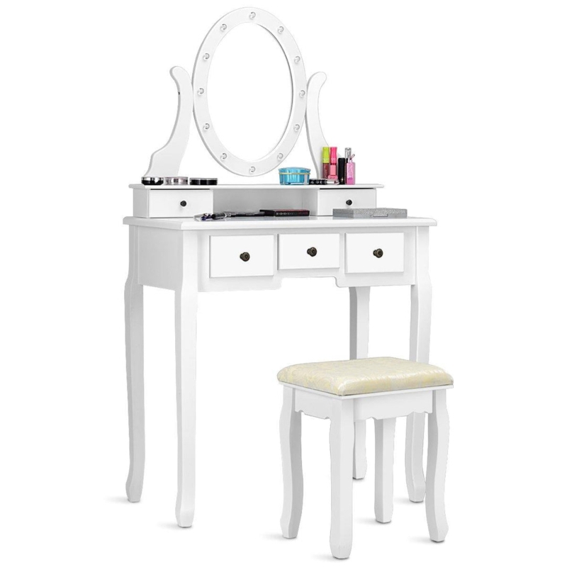 Vanity Set Oval Lighted Mirror 5 Drawers Cabriole Legs Padded Stool