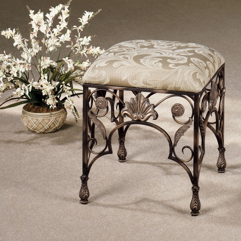 Vanity Stool: Antique Bronze Metal, Acanthus Leaf Scroll, Damask Seat