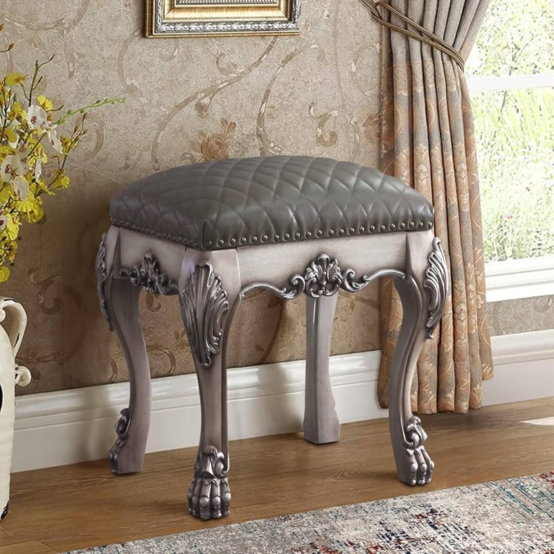Vanity Stool: Baroque Style, Grey Quilted Seat, Ornate Claw Feet