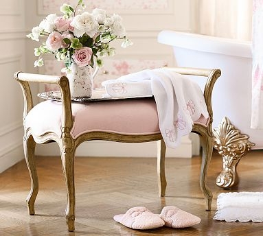 Vanity Stool: Blush Pink Upholstery, Antique Gold, Curved Side Rails
