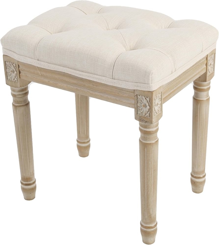 Vanity Stool: French Country Beige, Carved Rosettes, Fluted Legs