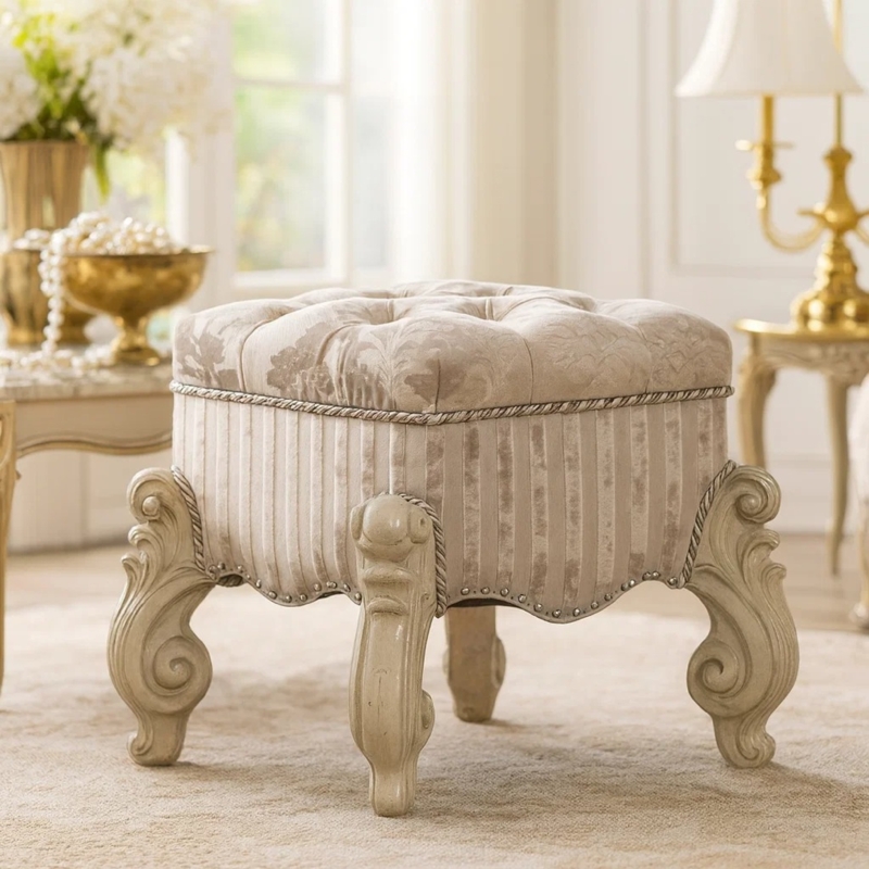 Vanity Stool: French Provincial, Scrolled Legs, Damask & Stripes