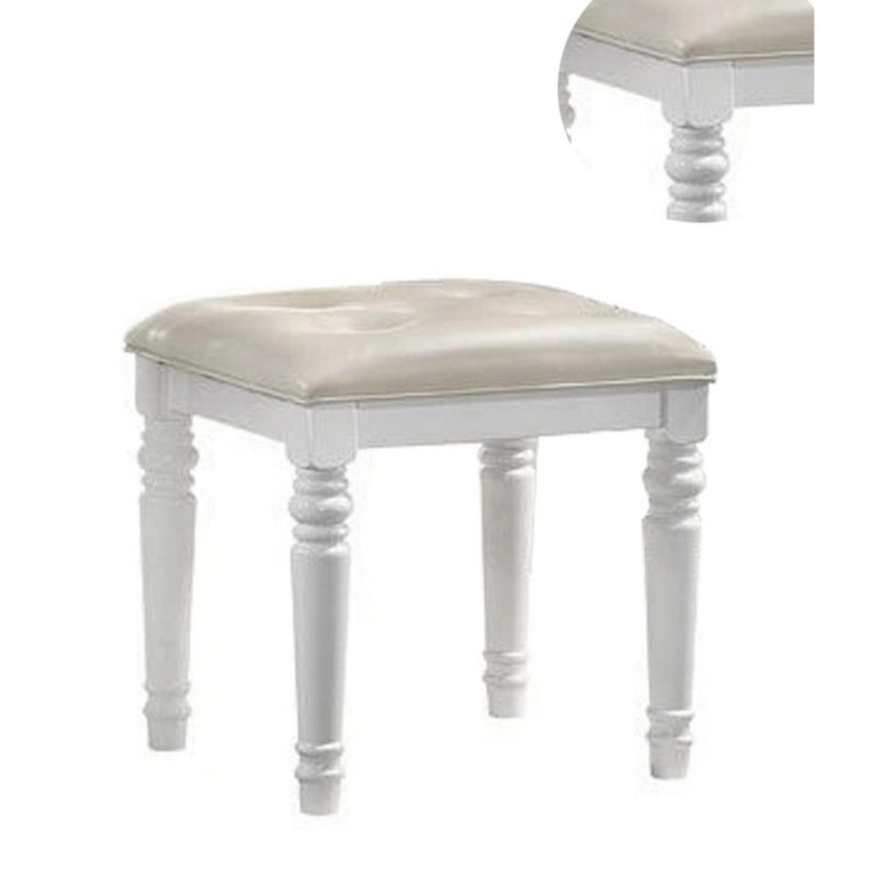 Vanity Stool: Glam Ivory Vegan Leather, Tufted Seat, Turned Legs