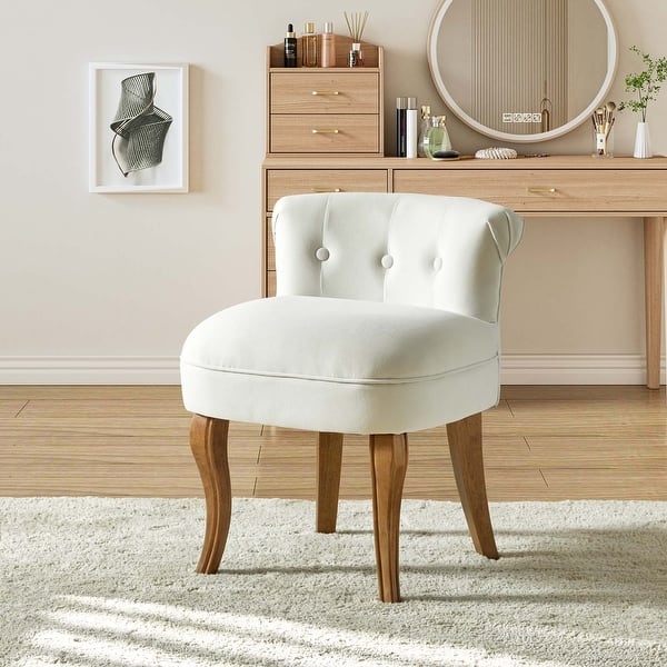 Vanity Stool: Grey Velvet, Low Back with Button Tufting, Wood Legs