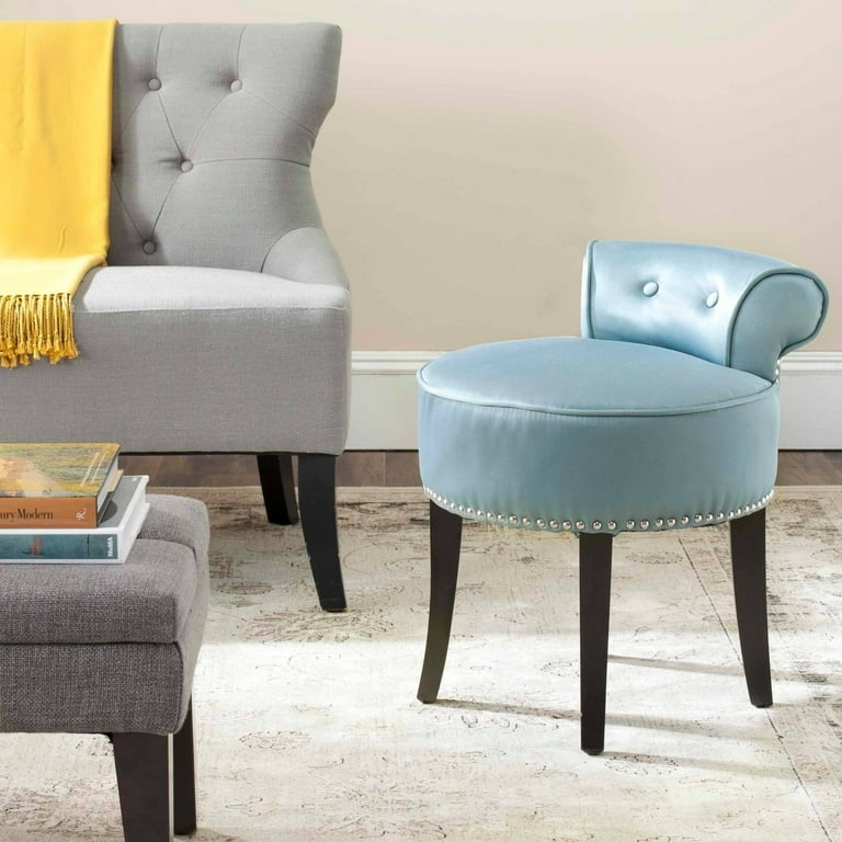 Vanity Stool: Light Blue Glam, Rolled Backrest, Silver Nailhead Trim