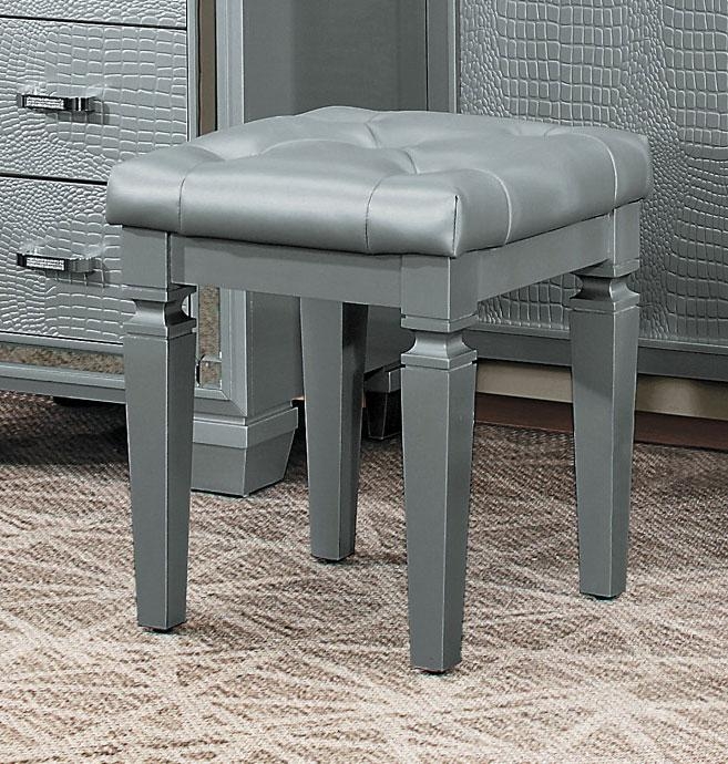 Vanity Stool: Metallic Gray Faux Leather, Tufted Seat, Notched Legs