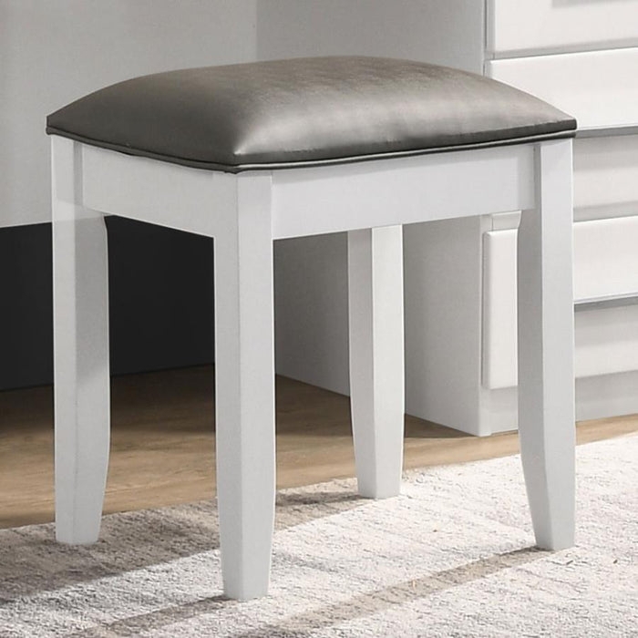 Vanity Stool: Modern Glossy White Frame, Metallic Charcoal Cushion