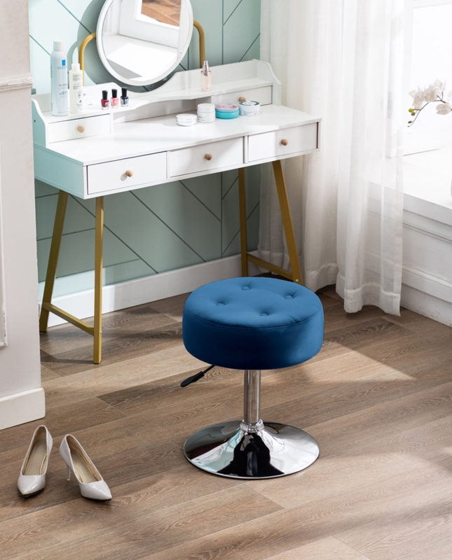 Vanity Stool Round Pedestal Ottoman in Deep Blue Velvet