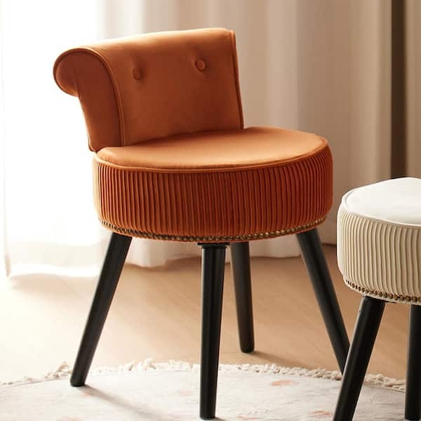 Vanity Stool: Vibrant Orange Velvet, Tufted Back, Pleated Apron