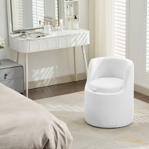 Vanity Stool: White Nubby Bouclé Fabric, Cylindrical, Compact Design