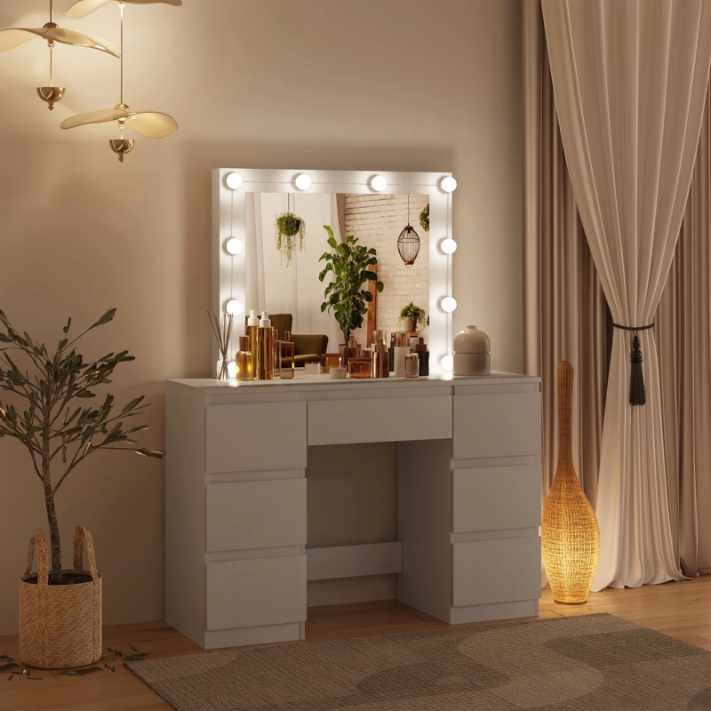 Vanity Table Handleless Design, Seven Drawers, LED Mirror, Minimalist