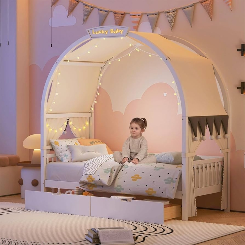 Vaulted Canopy Bed Frame with Integrated Tent and LED Light