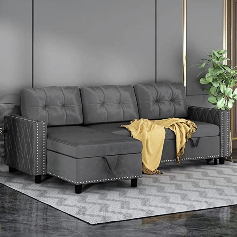 Velvet Sleeper Sectional with Diamond Stitched Arms and Nailhead Trim