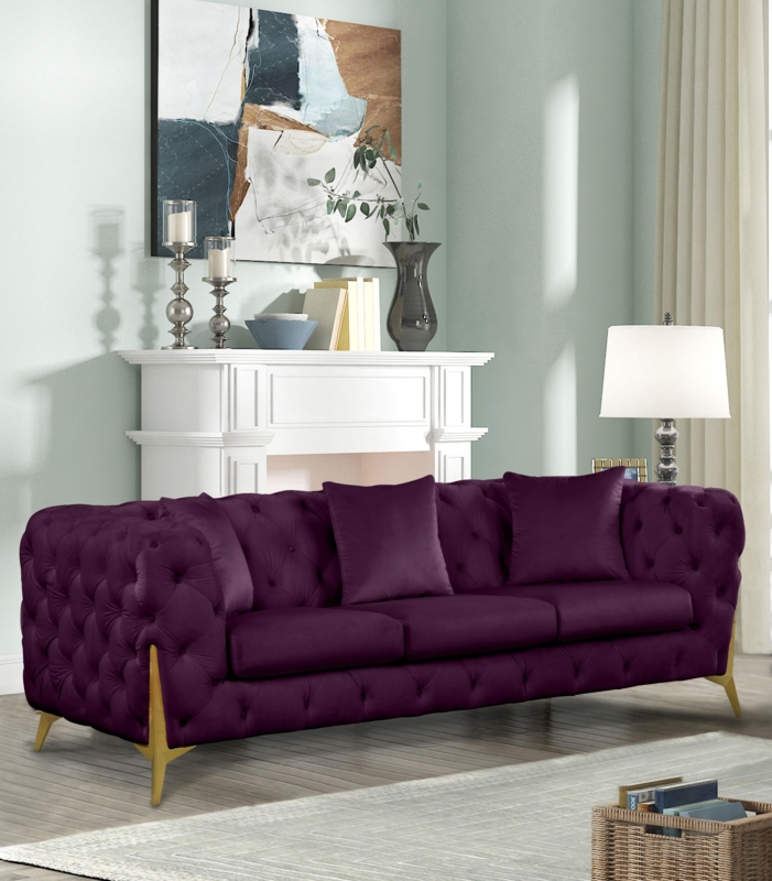 Velvet Sofa with Button Tufting and Polished Flared Gold Legs