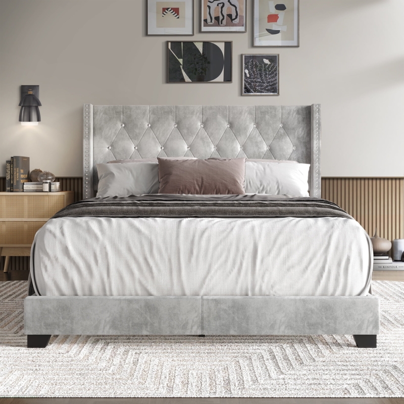 Velvet Wingback Bed: Nailhead Trim & Crystal Button Tufting Details