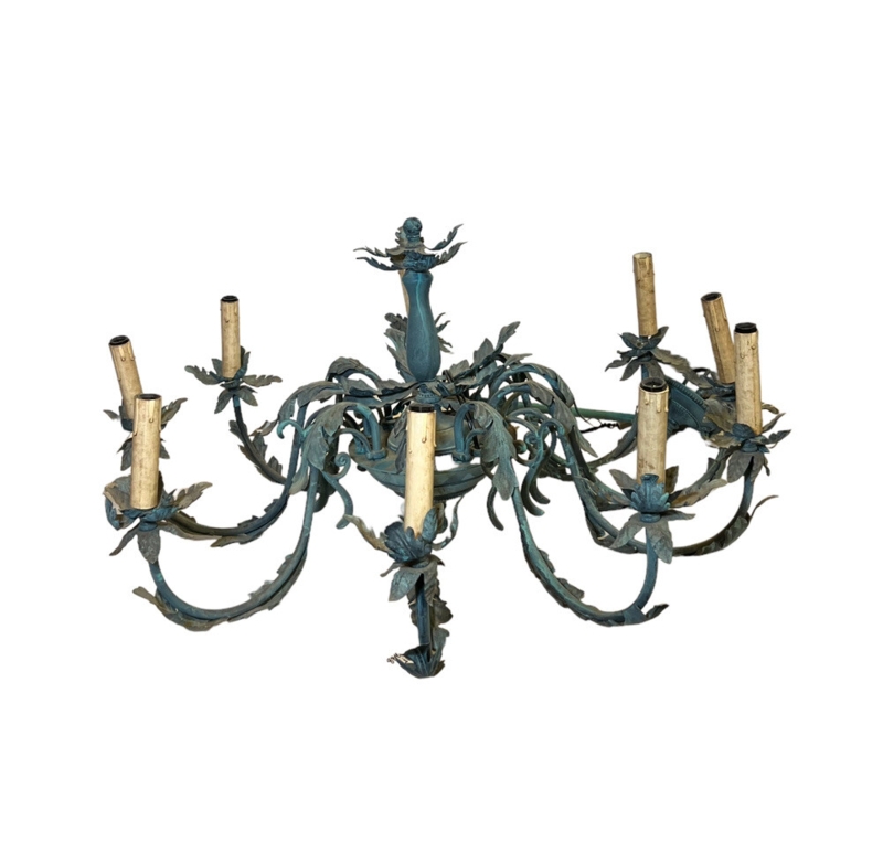 Verdigris Floral Chandelier with Foliate Arms and Distressed Finish.