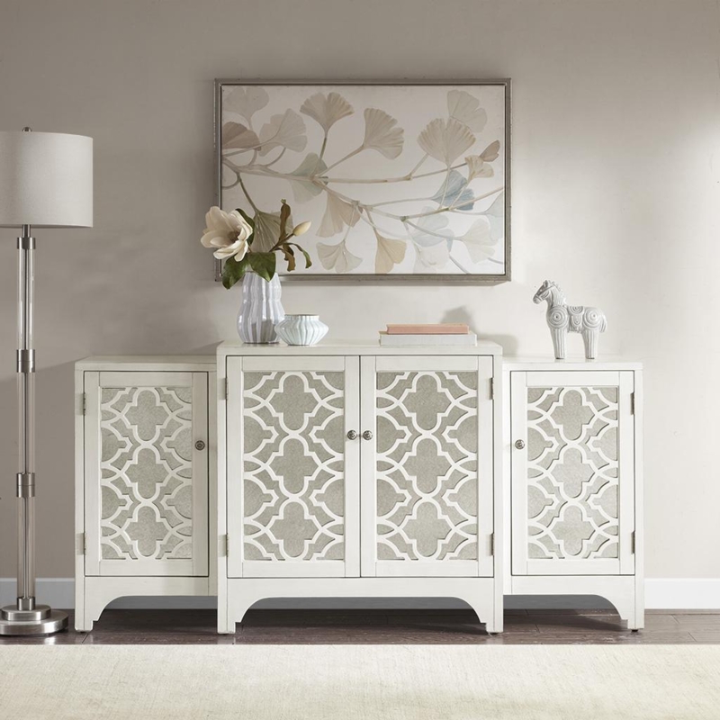 Verona Dining Buffet Server Quaterfoil Design Kitchen Storage Cabinet with Mirrored Doors - Cream - Madison Park