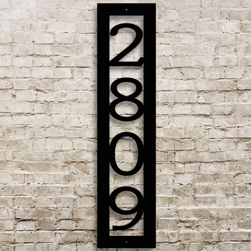 Vertical Address Marker, Matte Black Metal, Industrial Laser Cut Numbers