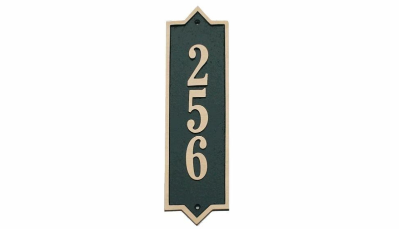Vertical Brass Address Plaque, Textured Forest Green, Pointed Profile