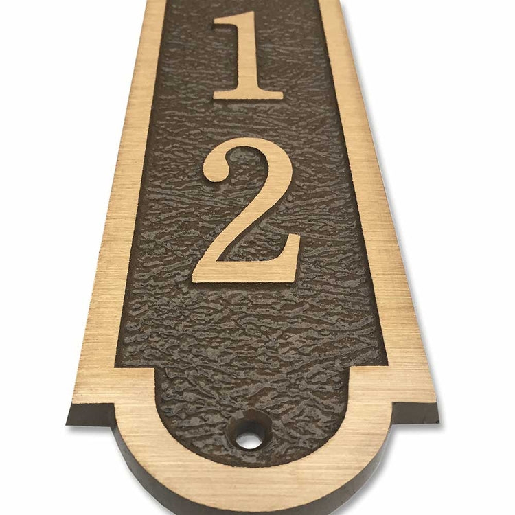 Vertical Bronze Address Plaque, Pebbled Texture, Decorative Bottom Tab