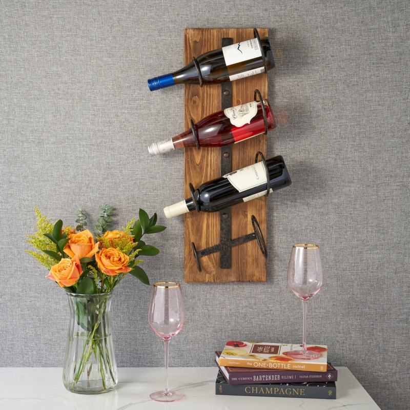 Vertical Farmhouse Wine Rack with Plank Backboard and Metal Hoops.