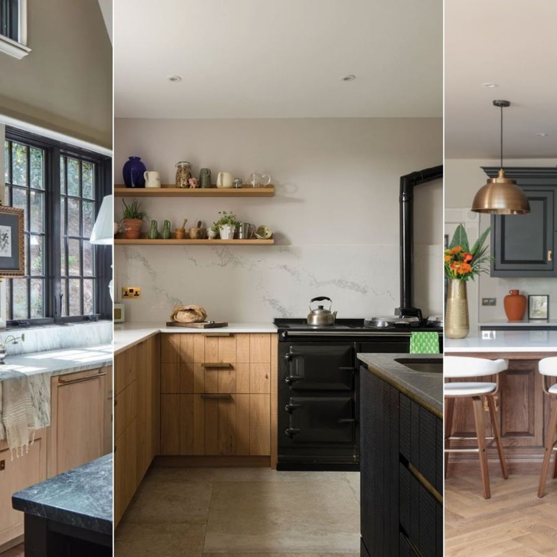 Vertical Grain Cabinets with Matte Black Range Cooker