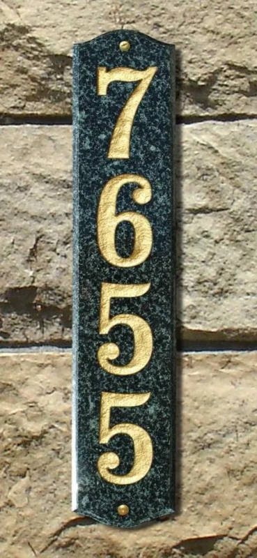 Vertical Granite Address Plaque, Deep Green with Gold Engraved Numbers