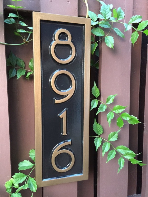 Vertical House Number Plaque, Mid Century Modern Font, Gold on Black