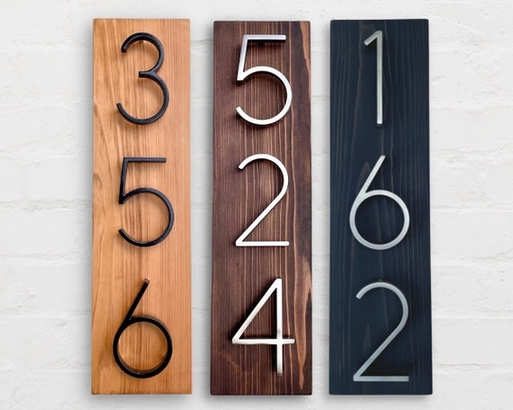 Vertical House Number Sign, Cedar Wood with Modern Floating Numbers