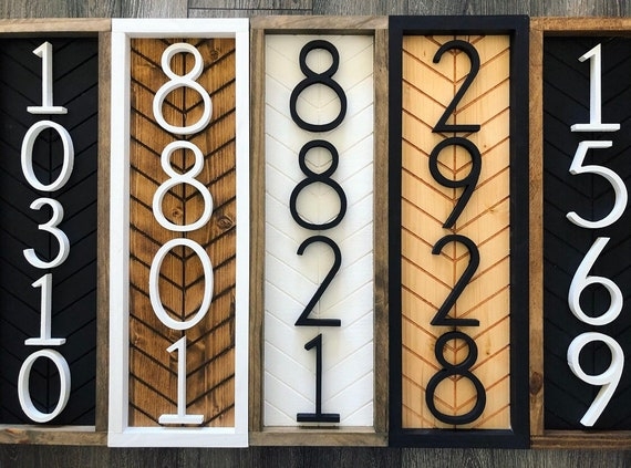 Vertical House Number Sign, Modern Wood Chevron Pattern, 3D Numbers