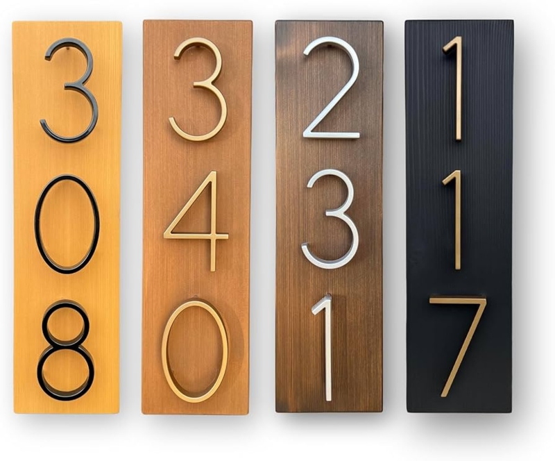 Vertical House Numbers, Modern Floating Effect over Wood Grain Texture