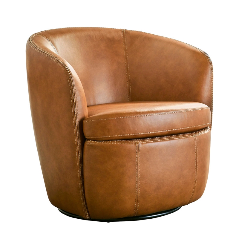 Vertical Paneling Swivel Chair Cognac Leather Barrel Low Profile Tailored