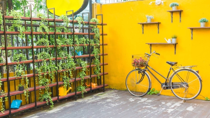 Vertical Planter Display Vibrant Yellow Wall Bicycle Decor