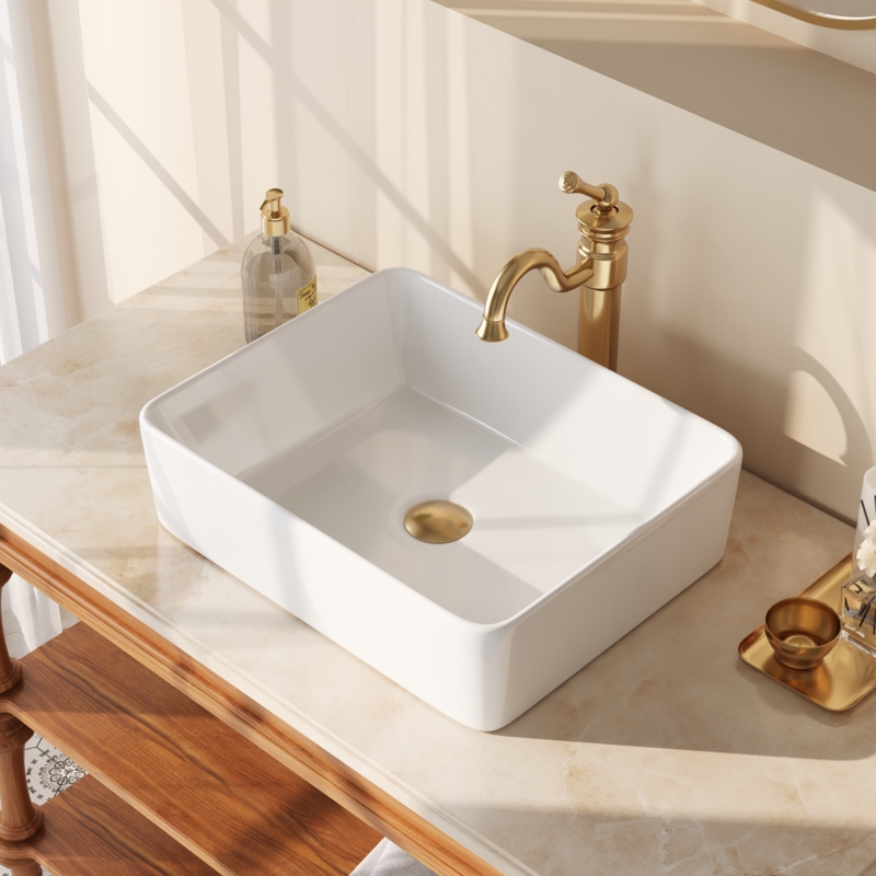Vessel Sink Rectangular White Basin Gold Gooseneck Faucet Stone
