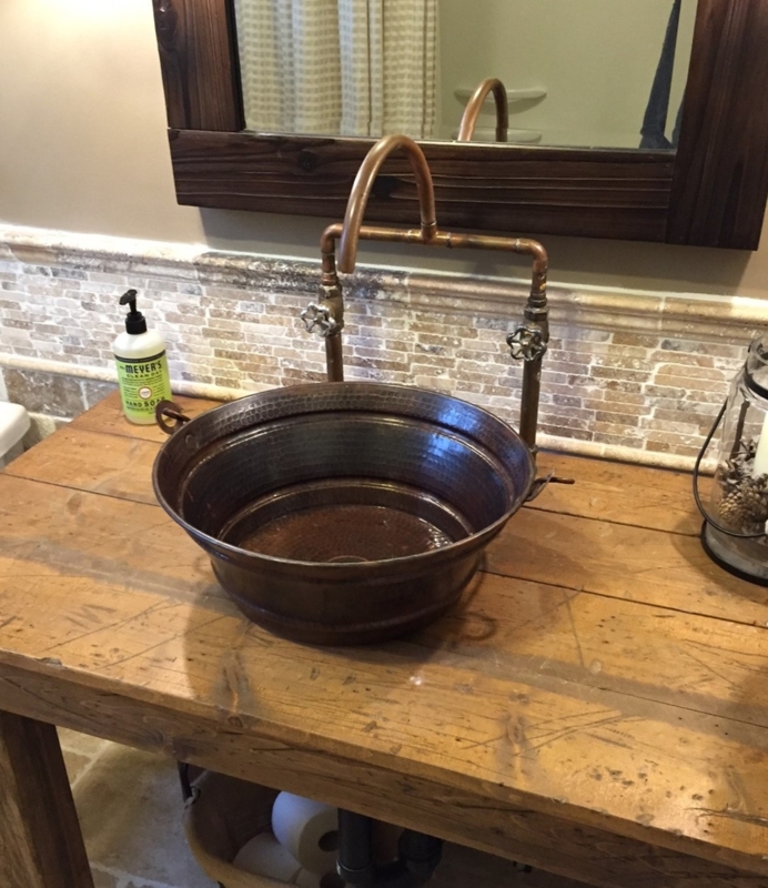 Vessel Sink Rustic Copper Bucket Basin with Exposed Pipe Faucet Design
