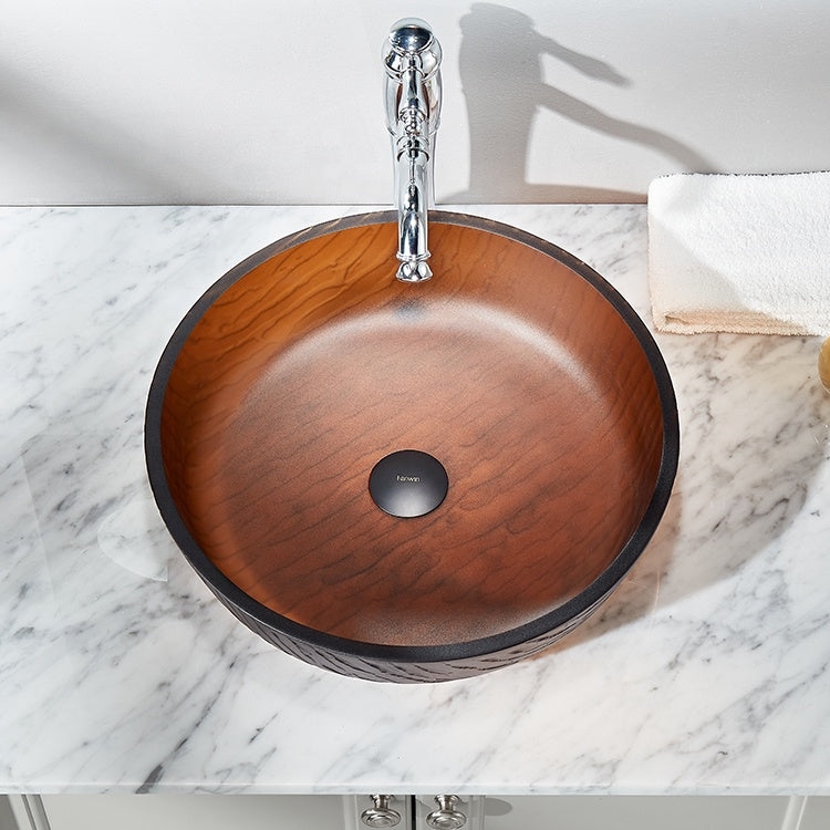Vessel Sink Translucent Brown Glass Wood Grain Pattern Round Bowl