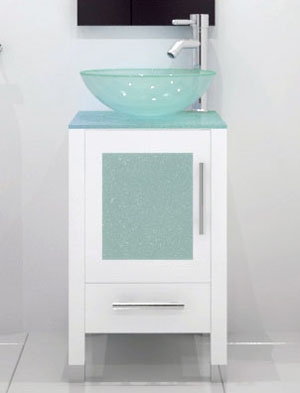 Vessel Sink Vanity Seafoam Glass Top Compact White Cabinet Chrome