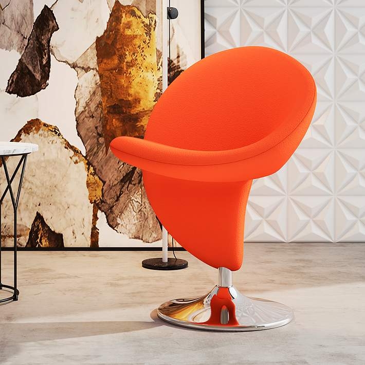 Vibrant Orange Sculptural Swivel Chair, Polished Chrome Base