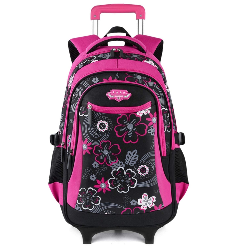 Vibrant Pink Floral Rolling Backpack with Multiple Compartments