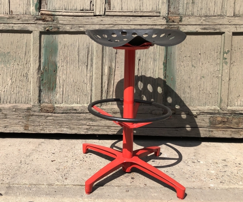 Vibrant Red Base Bar Stool Black Tractor Seat Five Leg Star Base