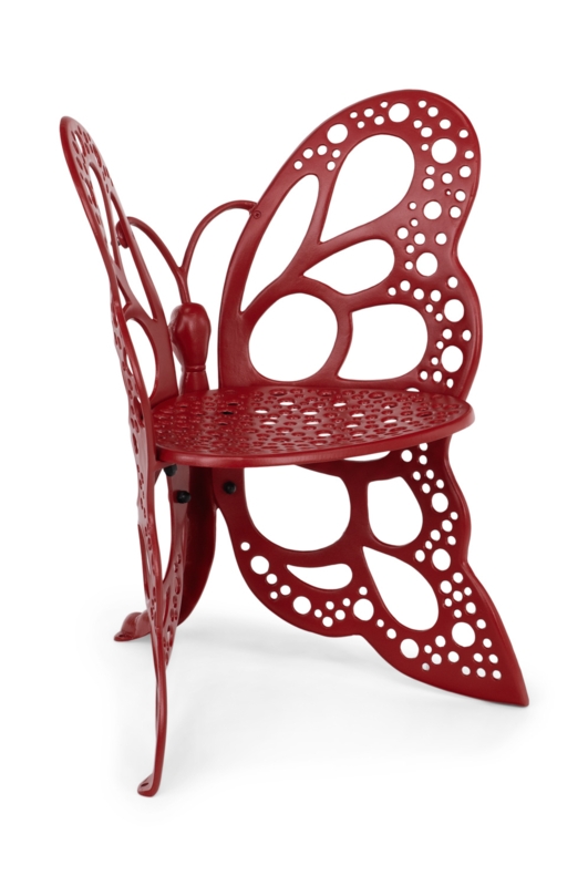 Vibrant Red Metal Accent Chair with Sculptural Perforated Butterfly Back