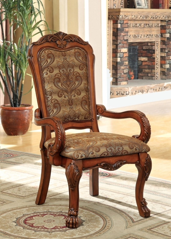 Victorian Arm Chair Damask Pattern Claw and Ball Feet Ornate Carvings
