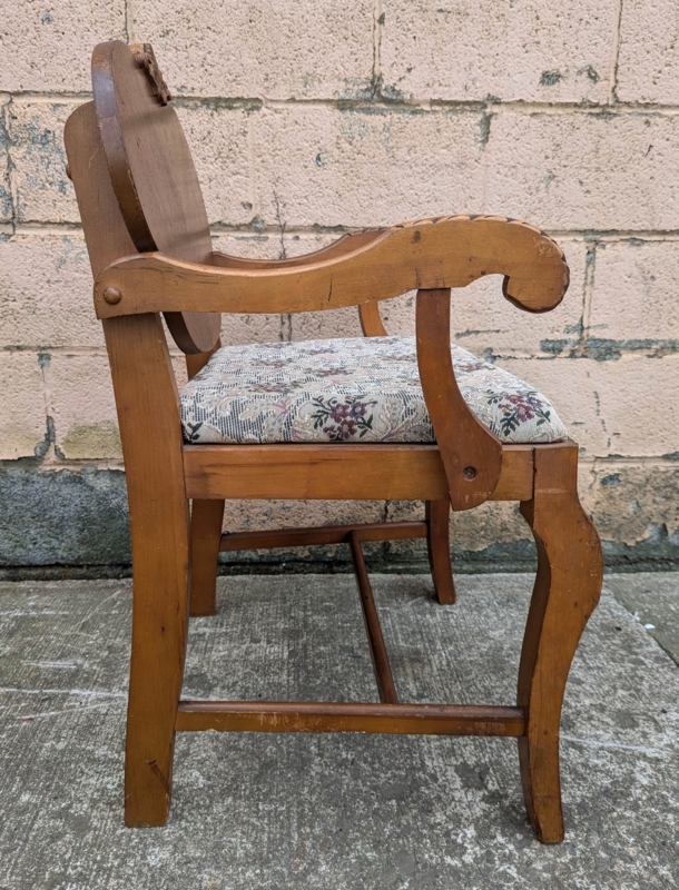 Victorian Armchair Tapestry Seat Scrolled Arms Honey Brown H-Stretcher