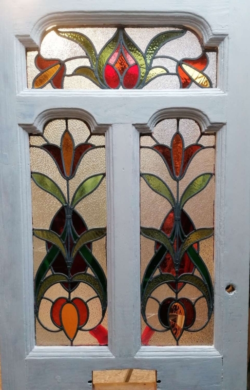 Victorian Front Door Stained Glass Triple Panel Layout Floral