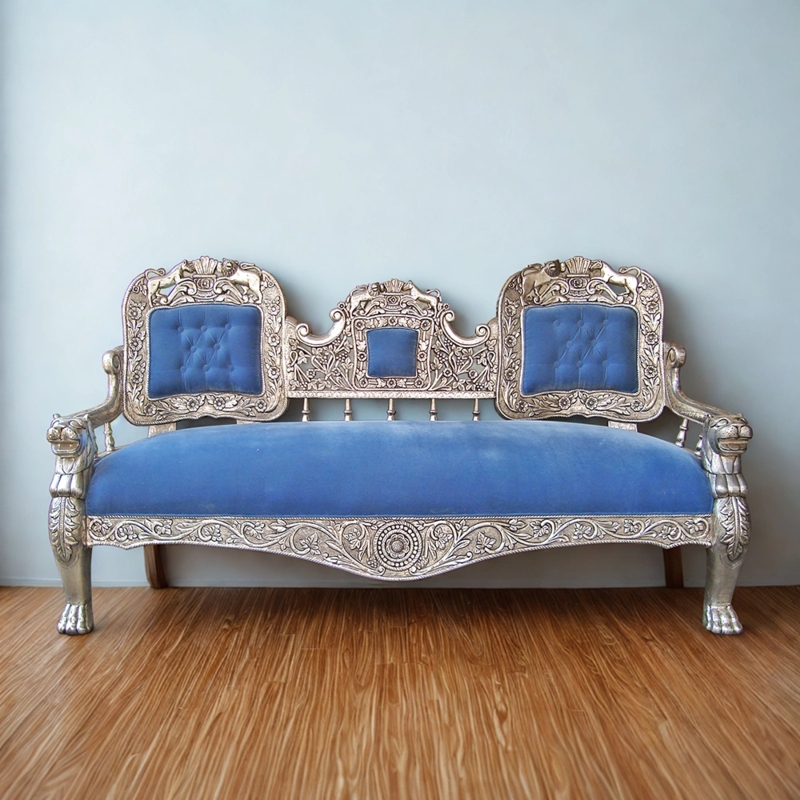Victorian Sofa Lion Head Carvings & Blue Velvet