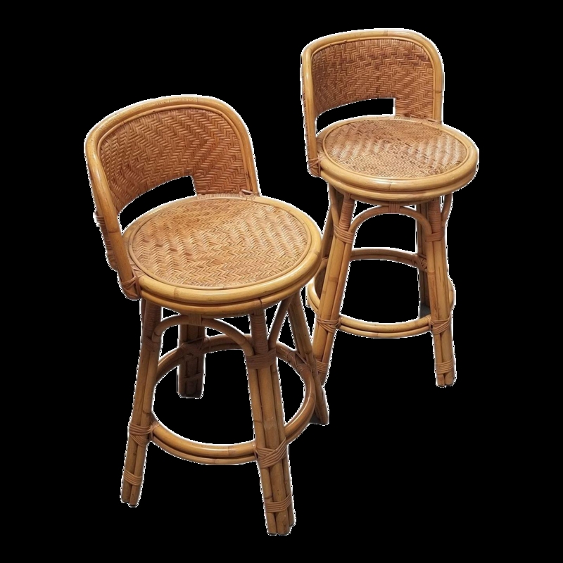 Vintage Bar Stool Swivel Rattan Herringbone Weave Tropical Tiki