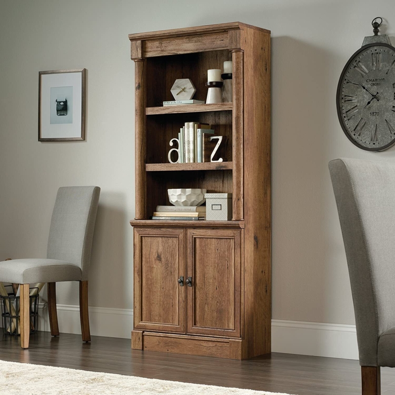 Vintage Bookcase Cabinet, Pilaster Details, Distressed Finish