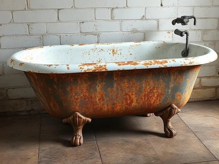 Vintage Clawfoot Bathtub with Heavily Oxidized Rust Exterior & White Interior