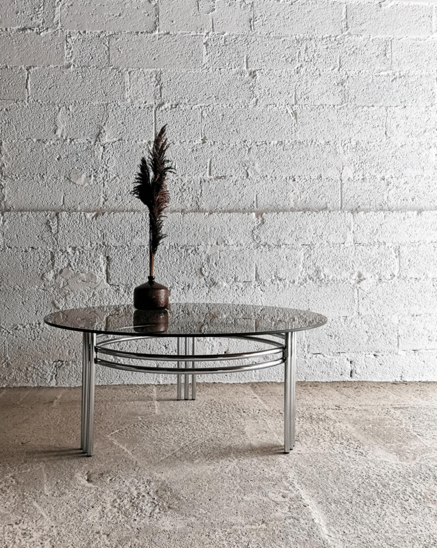 Vintage Coffee Table Round Smoked Glass Chrome Double Ring Base